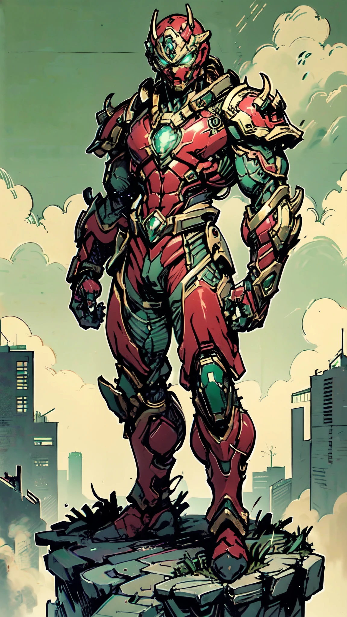 (masterpiece:1.5, best quality:1.5, extremely delicate:1.5), ((male:1.5)), a man wearing a full-face helmet, green eyes, fantasy-style high-tech biomimetic armored combat suit, (a composite layered chest armor), the design balances heavy with agility, fully enclosed shoulder guards, matching arm and leg guards, a belt of gemstone, (the color scheme is primarily Red with Green and White accents, Organic Biotech, Concept Inspired by Iron Man, glowing eyes, armor glows, stand of a futuristic sci-fi city), this character embodies a finely crafted fantasy-style armored hero in anime style, exquisite and mature art style, metallic, high definition, highres, ultra-detailed, ultra-fine painting, professional, perfect body proportions, golden ratio, anatomically correct, symmetrical face, extremely detailed eyes and face, high quality eyes, creativity, RAW photo, UHD, 32k, Natural light, cinematic lighting, masterpiece-anatomy-perfect