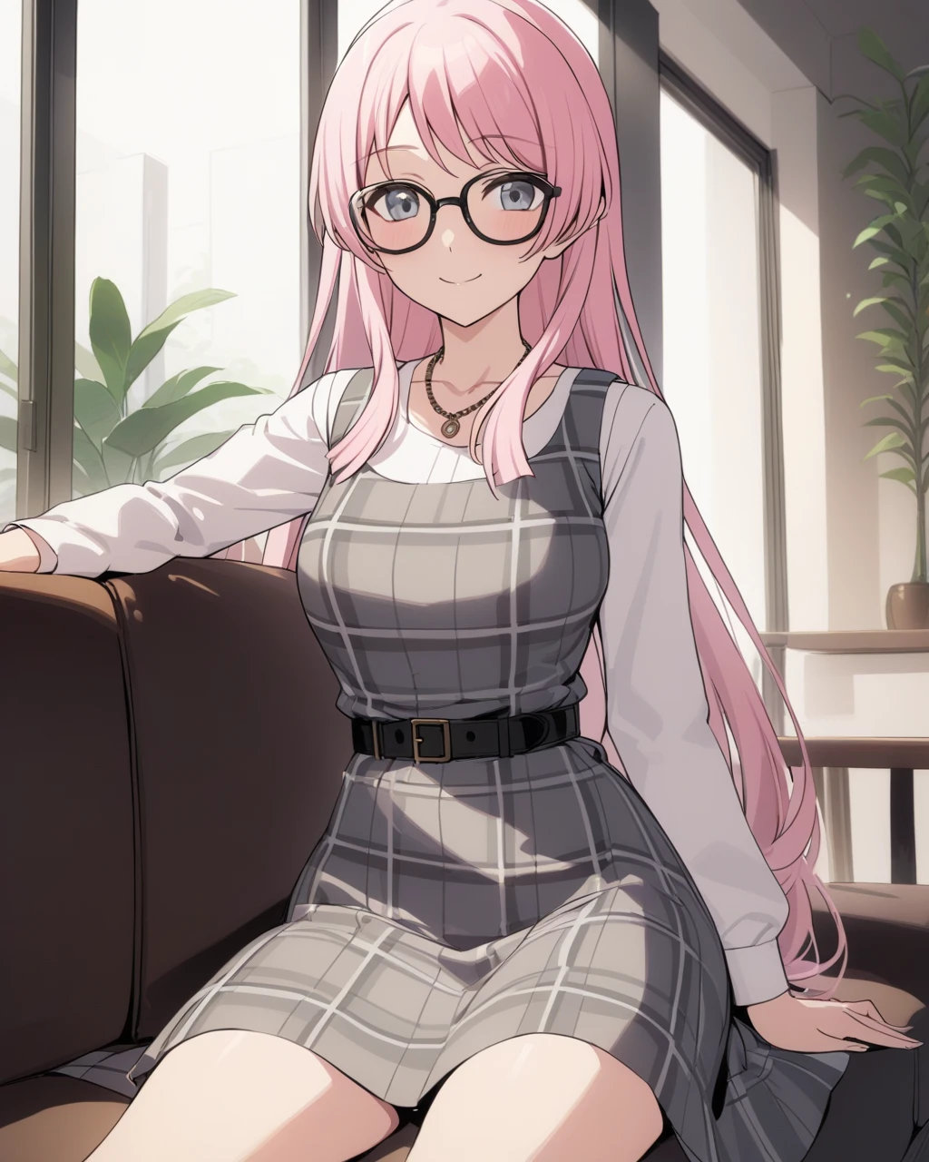 masterpiece, best qualityï¼ 1ï¼1girl, solo, indoors, sitting, smile, closed mouth, glasses, black-framed eyewear, very long hair, collarbone, plaid dress, grey dress, sleeveless dress, white shirt, long sleeves, belt, necklace, chihaya anon, window, plant, couch