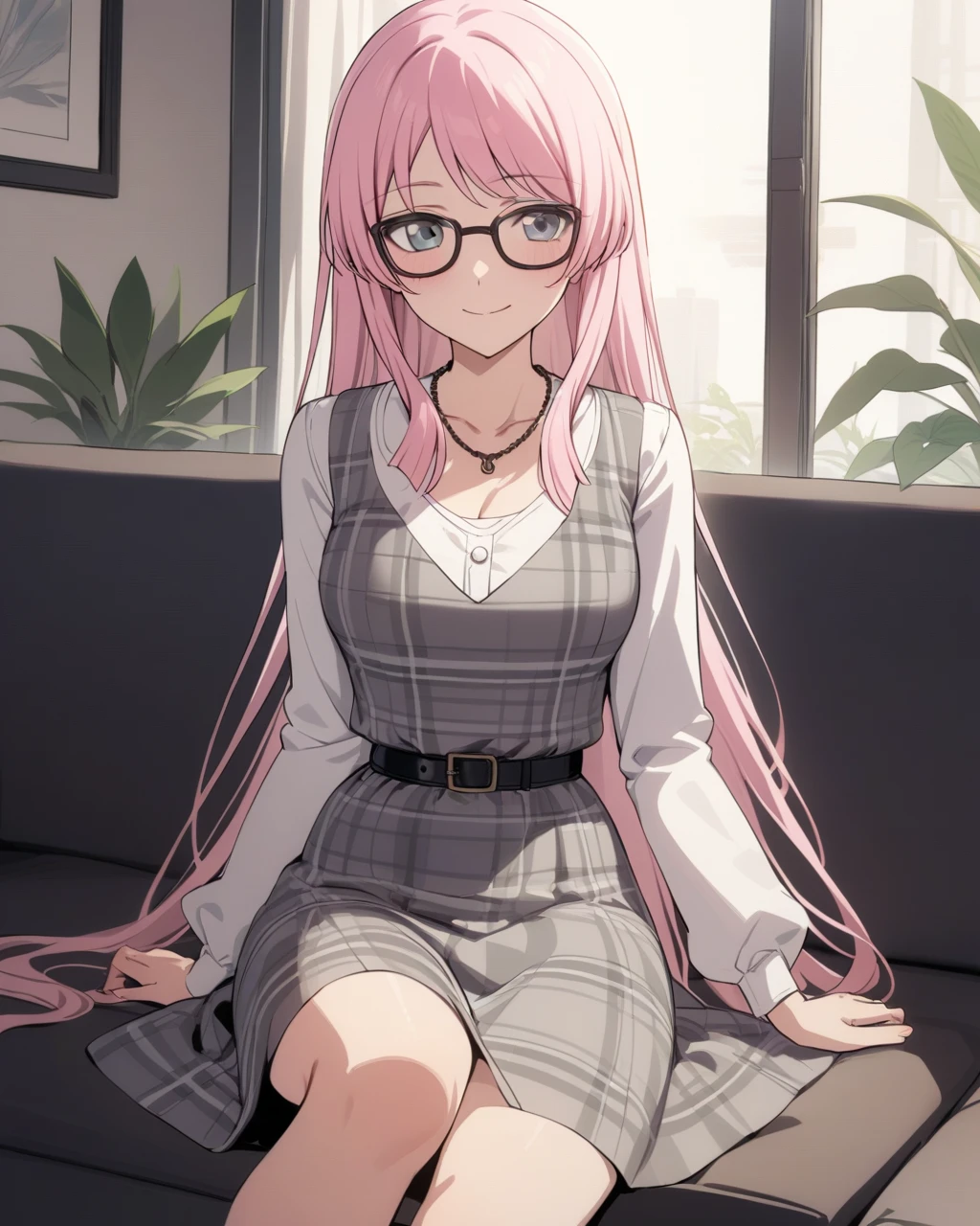 masterpiece, best qualityï¼ 1ï¼1girl, solo, indoors, sitting, smile, closed mouth, glasses, black-framed eyewear, very long hair, collarbone, plaid dress, grey dress, sleeveless dress, white shirt, long sleeves, belt, necklace, chihaya anon, window, plant, couch