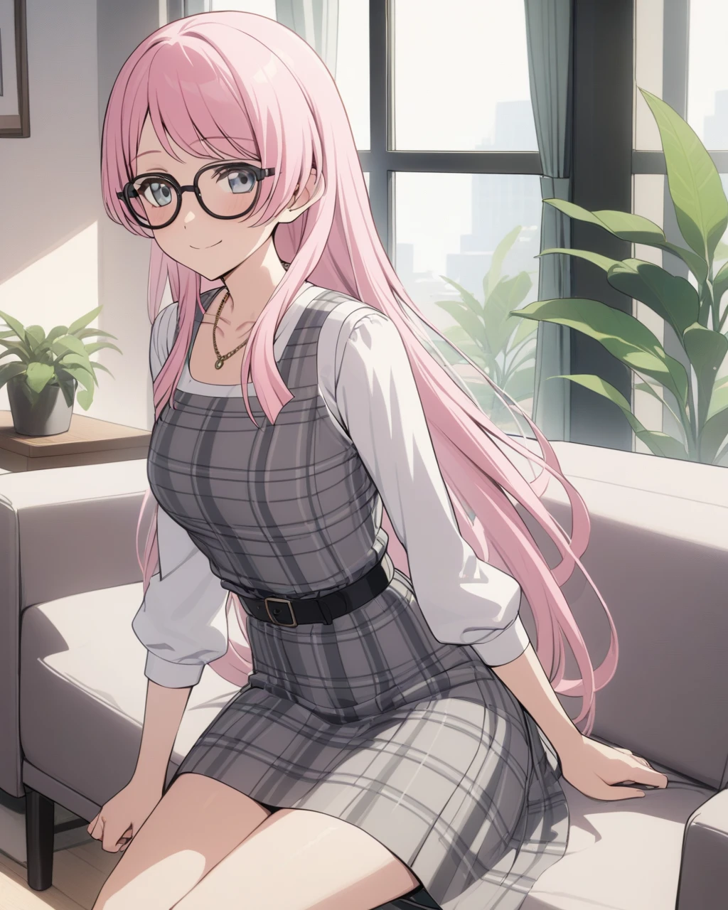 masterpiece, best qualityï¼ 1ï¼1girl, solo, indoors, sitting, smile, closed mouth, glasses, black-framed eyewear, very long hair, collarbone, plaid dress, grey dress, sleeveless dress, white shirt, long sleeves, belt, necklace, chihaya anon, window, plant, couch