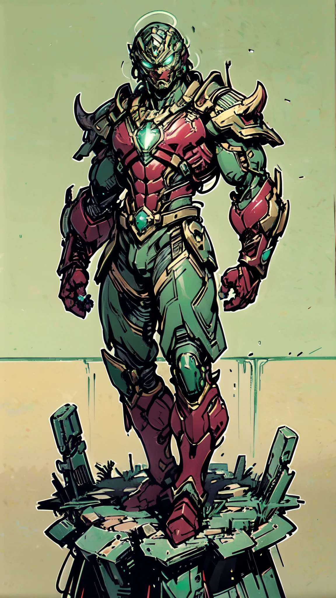 (masterpiece:1.5, best quality:1.5, extremely delicate:1.5), ((male:1.5)), a man wearing a full-face helmet, green eyes, fantasy-style high-tech biomimetic armored combat suit, (a composite layered chest armor), the design balances heavy with agility, fully enclosed shoulder guards, matching arm and leg guards, a belt of gemstone, (the color scheme is primarily Red with Green and White accents, Organic Biotech, Concept Inspired by Iron Man, glowing eyes, armor glows, stand of a futuristic sci-fi city), this character embodies a finely crafted fantasy-style armored hero in anime style, exquisite and mature art style, metallic, high definition, highres, ultra-detailed, ultra-fine painting, professional, perfect body proportions, golden ratio, anatomically correct, symmetrical face, extremely detailed eyes and face, high quality eyes, creativity, RAW photo, UHD, 32k, Natural light, cinematic lighting, masterpiece-anatomy-perfect