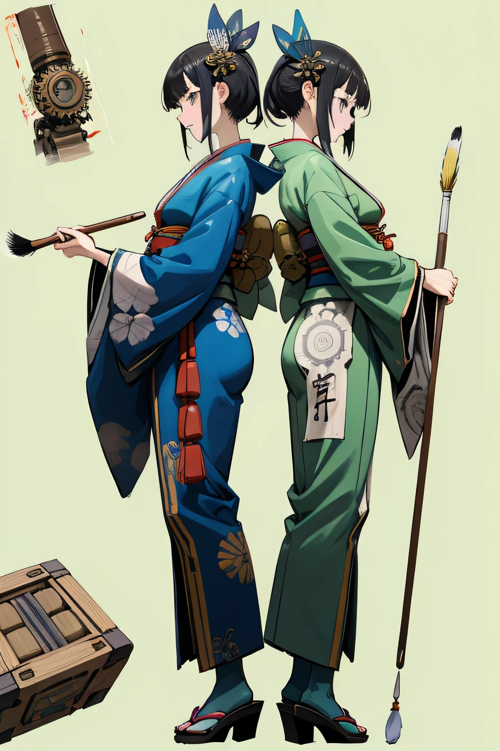 (best quality, masterpiece), droid personification of dice, steampunk, japanese tridetional kimono style cloth, standing , three view drawing, front and back and side, character sheet,full body,simple background,holding huge painting brush, blue and green outfit , soyosoyo:1.3