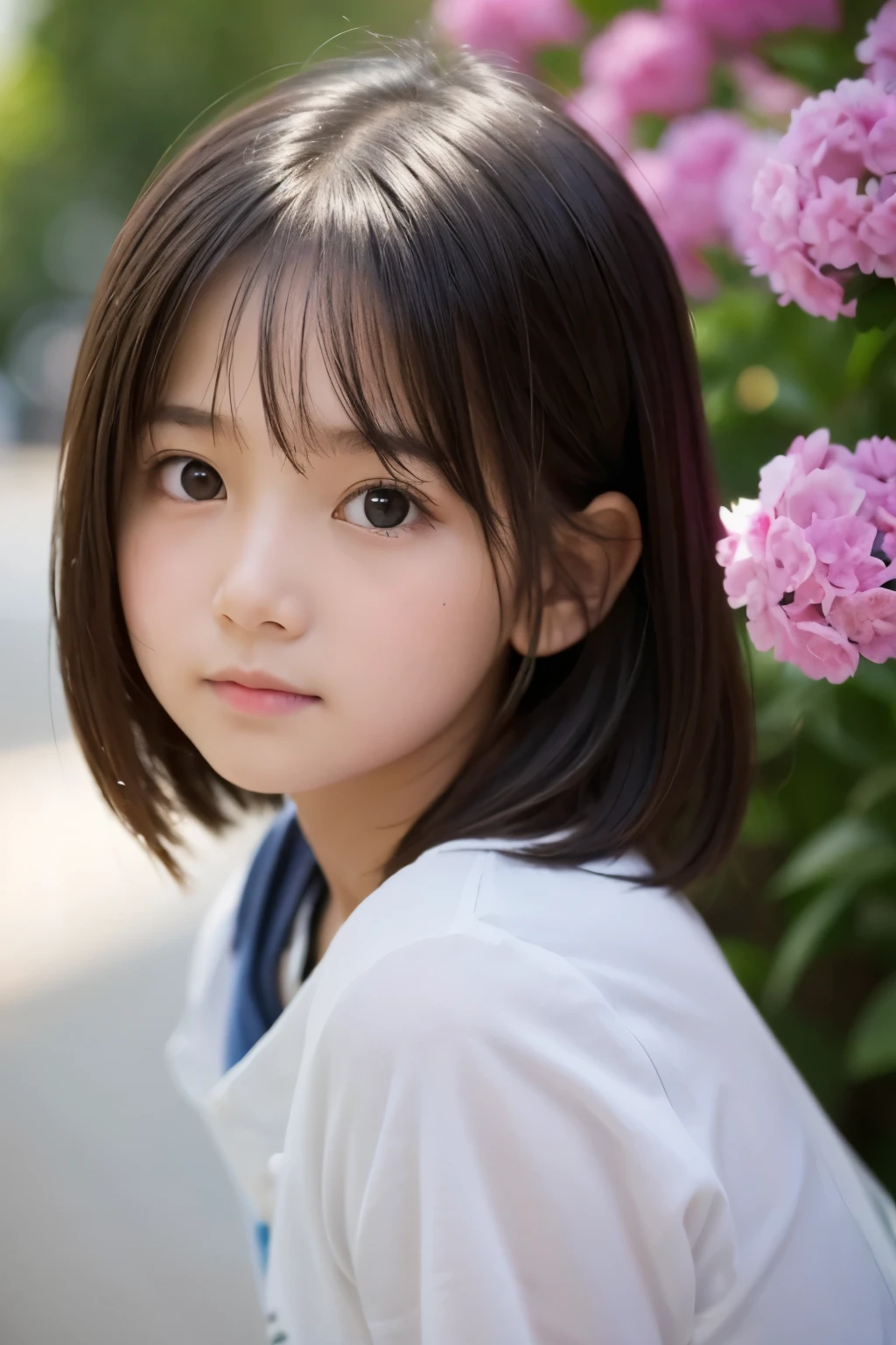 8k,10 years old,beautiful elementary school girl,black hair,detailed beautiful face,very short pants, flower garden,very strong wind,hair blowing in the wind,sit on the butt,Decolletage