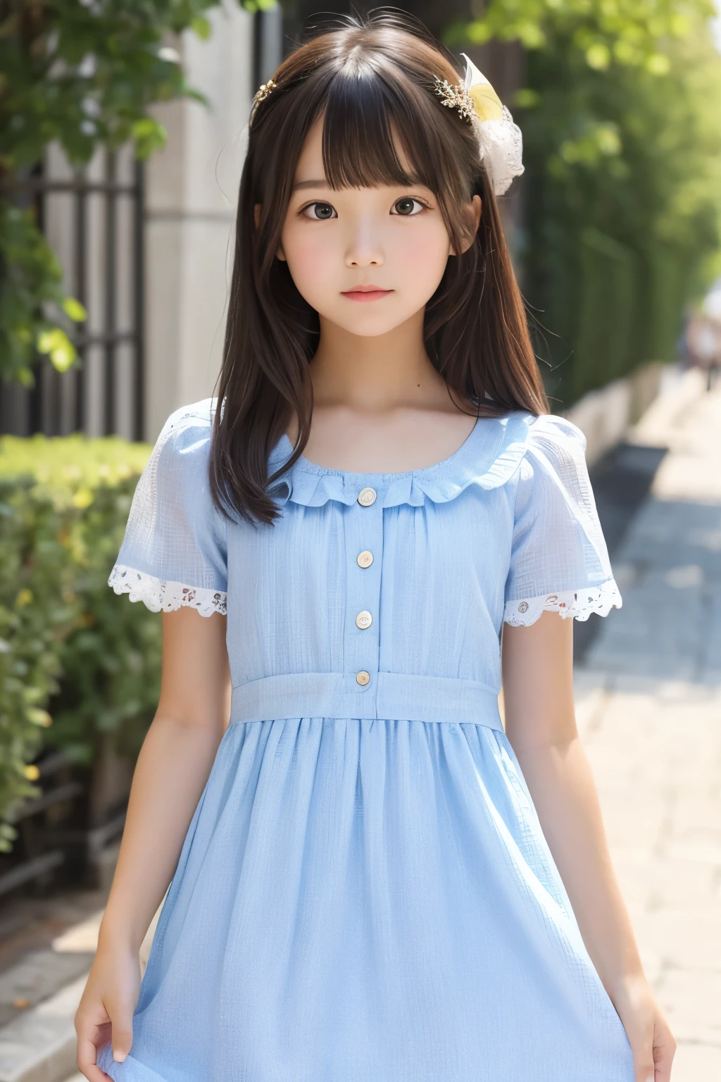 8k,Japanese,10 years old,innocent face,teenage girl,cute,Spring-like clothes,Spring weather,everyday wear,sitting,black hair,flower garden,hair clip,Decolletage