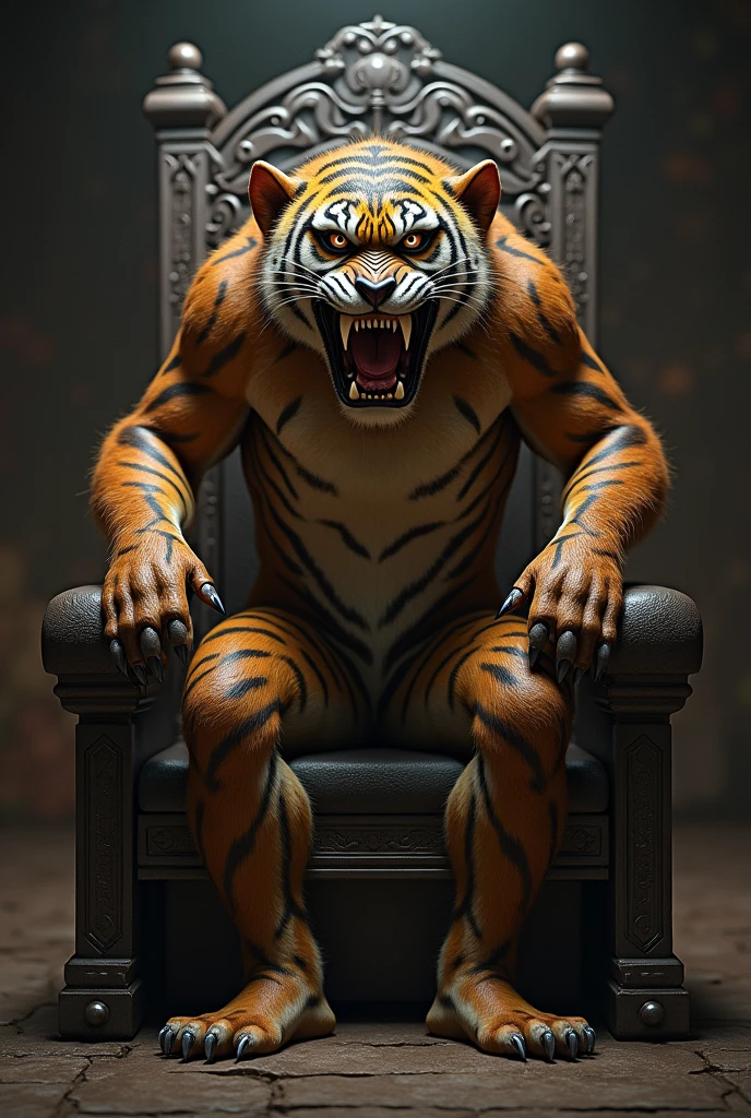 FURRY man sitting on a luxurious king throne, (wearing no shirt:1.6),(he has anthropomorphic leopard fur from his feet to his neck:1.5),(the fur on its chest and belly is lighter), he has brown hair, he wears a buzzcut style hairdo, HE HAS WIDE EYEBROWS, he is wearing a necklace of bone teeth, he has a frown, manly face,your abdomen is super defined, He is athletic, square and intimidating face, cgs cinematic society, uhd, full body of the Cinematographic God, His legs are spread apart in an intimidating position., staring me. super strong LEOPARD humanoid, dramatic cinematic detailed skin, cgsociety inspirado, society cg 8k, cgsociety 8k, society cg 8k, Hyper-Realism. fantasy 4k, MASTERPIECE, EXTREMELY INTRICATE AND DETAILED ART, EVERY ASPECT OF YOUR BODY FASCINATES EVERYONE WHO SEES IT, his torso is super strong and he carries himself like a king, REALISTIC ART, He holds a staff, Her eyes are light brown, Their leopard fur is medium in size and very detailed., he wears high-top boots, he is wearing black pants, you see the fury in his eyes, there is fire on the scene, skulls gather on the ground