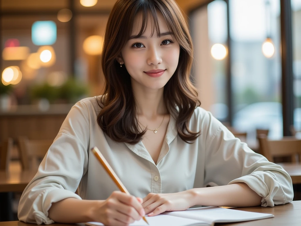 neat-girl,High image quality (8k image quality), high resolution, excellent work, appropriate depth of field, appropriate focus, Leica camera quality, RAW image quality, real, women studying at a cafe, detailed pupils, detailed lips, perfect hands, perfect fingers, perfect nails, detailed Hands, detailed fingers, detailed nails, FLUX, East Asian women,Asian woman