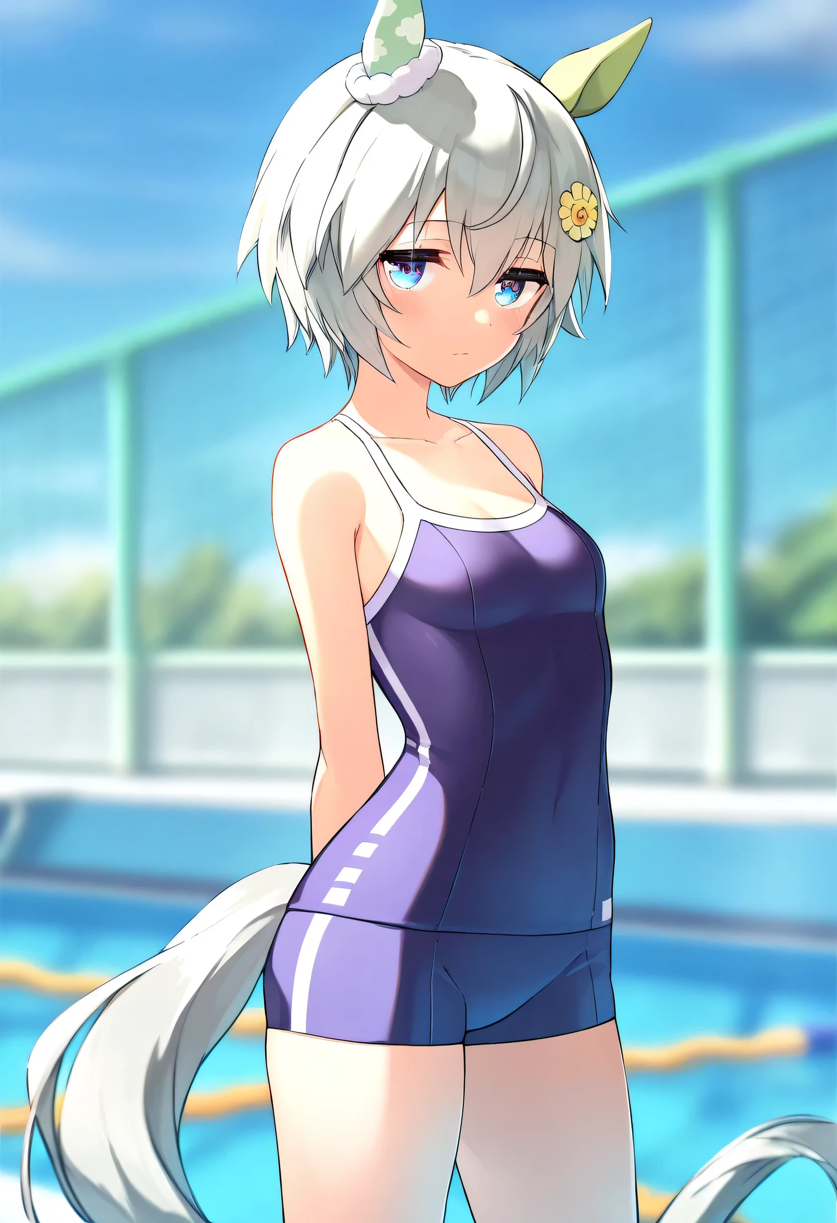 ((1 girl)), umamusume, seiun sky, school pool, arms behind back, short hair, hair between eyes, white hair, horse ears, bangs, horse girl, grey hair, solo, light green hair, green hair, horse tail, animal ears, school swimsuit, tracen swimsuit, hand, body without discomfort, chest, small curvaceous, modest cleavage, small breasts, ((masterpiece)), (best quality), (absurdres), (ultra detailed), (very aesthetic)