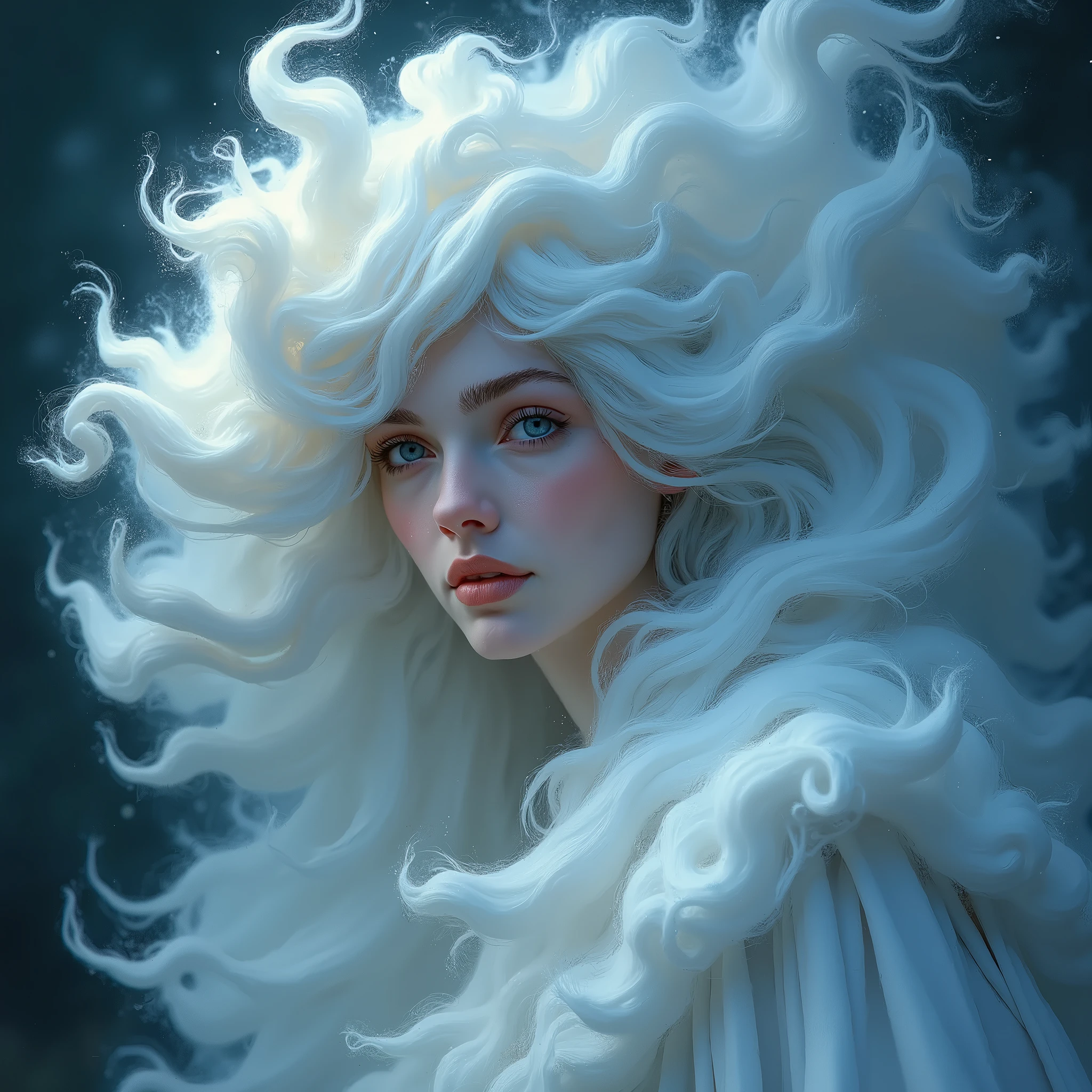 a painting of a woman's face with a large, swirling cloud, goddess of winter, queen of winter, allegory of winter, cloud goddess, detailed fantasy digital art, beautiful digital artwork, beautiful digital art, breathtaking fantasy art, surreal and fantasy art, very beautiful digital art, fractal thunder dan mumford, breathtaking digital art, beautiful surreal portrait, gorgeous digital art