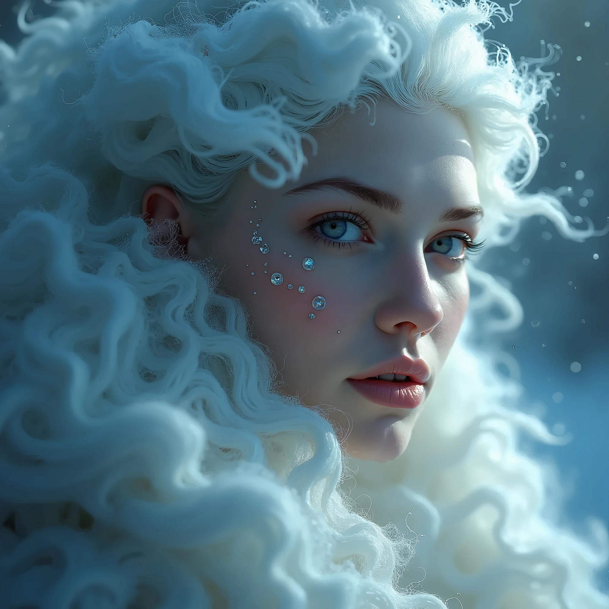 a painting of a woman's face with a large, swirling cloud, goddess of winter, queen of winter, allegory of winter, cloud goddess, detailed fantasy digital art, beautiful digital artwork, beautiful digital art, breathtaking fantasy art, surreal and fantasy art, very beautiful digital art, fractal thunder dan mumford, breathtaking digital art, beautiful surreal portrait, gorgeous digital art