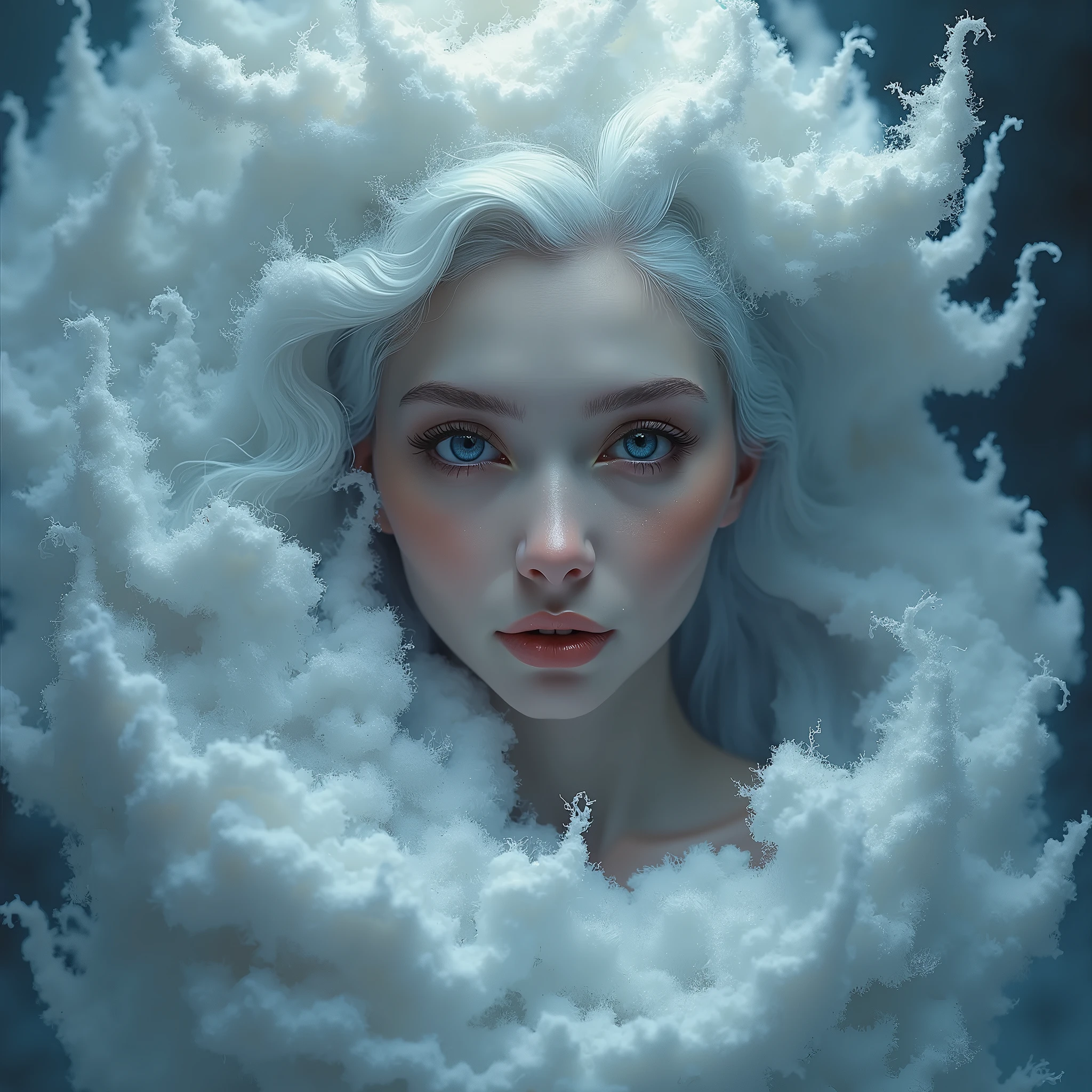 a painting of a woman's face with a large, swirling cloud, goddess of winter, queen of winter, allegory of winter, cloud goddess, detailed fantasy digital art, beautiful digital artwork, beautiful digital art, breathtaking fantasy art, surreal and fantasy art, very beautiful digital art, fractal thunder dan mumford, breathtaking digital art, beautiful surreal portrait, gorgeous digital art