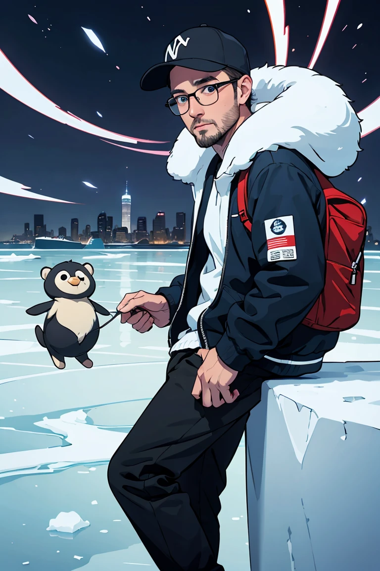 40 years old man with backwards NYC cap, blue eyes, eskimo, short beard, round glasses, middle long hair, on the ice floe