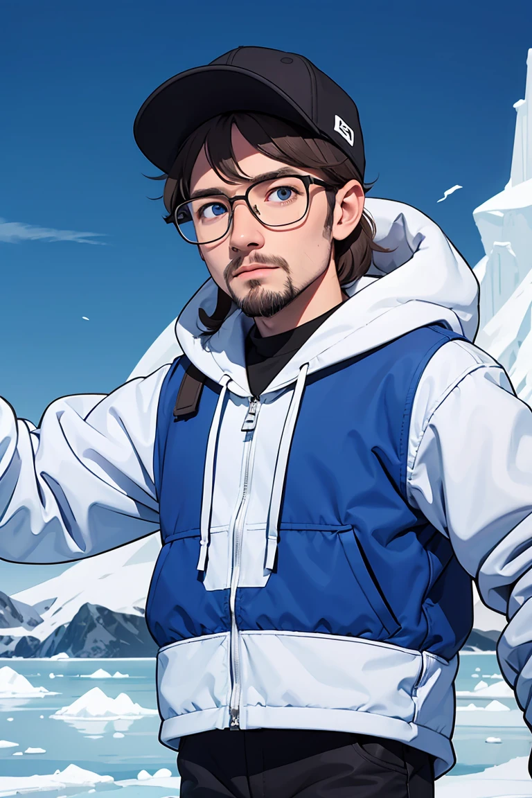 40 years old man with backwards NYC cap, blue eyes, eskimo, short beard, round glasses, middle long hair, on the ice floe