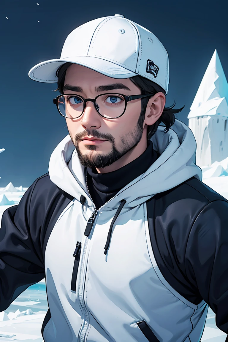 40 years old man with backwards NYC cap, blue eyes, eskimo, short beard, round glasses, middle long hair, on the ice floe