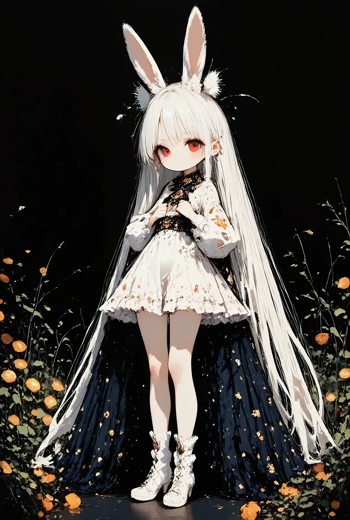 girl\(chibi,cute,kawaii,small ,white hair,very long hair,bangs,ear\(fluffy white bunny-ear\), bunny tail,red eye,big eye,beautiful shiny eye,skin color white,big hairbow,white frilled dress,breast, wearing jack-o'-lantern headgear\) ,background\(dark woods, dead trees, horror mood, Halloween night\)