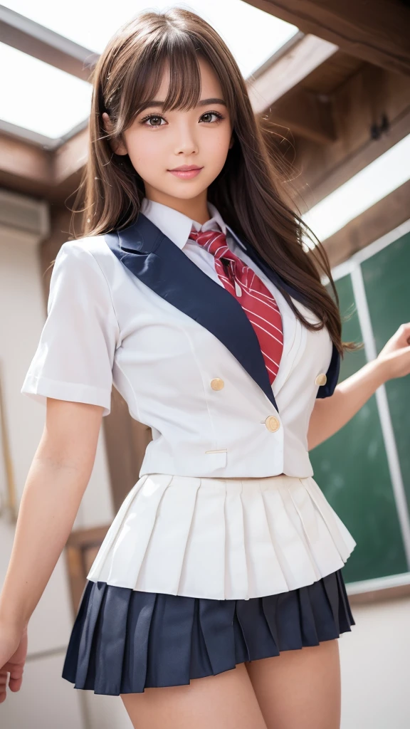 Top image quality, A Japanese Lady, 8K, Raw photo, top-quality, masutepiece, Textured:1.2, High-definition color RAW photos, Pro Photography, (realisitic, photoRealstic:1.37), (high-detail skin:1.2) (lenz 50mm), (mastserpiece, top-quality:1.3), (Very fine 8K and CG:1.2), (hyper realisitic:1.35), (photoRealstic:1. 45), (realisitic:1.4), Cowgirl,  a beauty girl, 22year old, super model, Japanese ido,, Colossal tits, (sit on desk:1.1), (in school uniform:1.4), (Opening legs:1.2), (The background is a school classroom:1.1), Idol, 乃木坂アイドル, hposing Gravure Idol, Adults, 女優