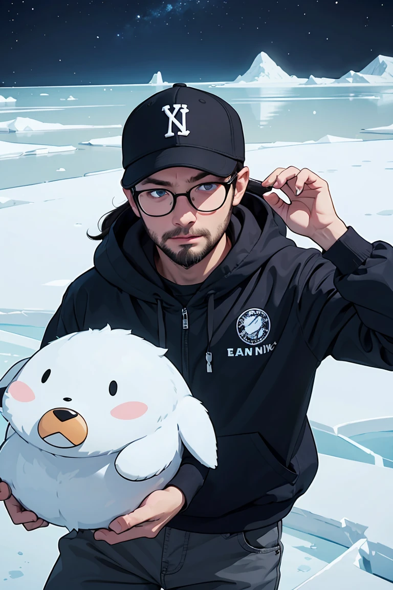 40 years old man with backwards NYC cap, blue eyes, eskimo, short beard, round glasses, middle long hair, on the ice floe