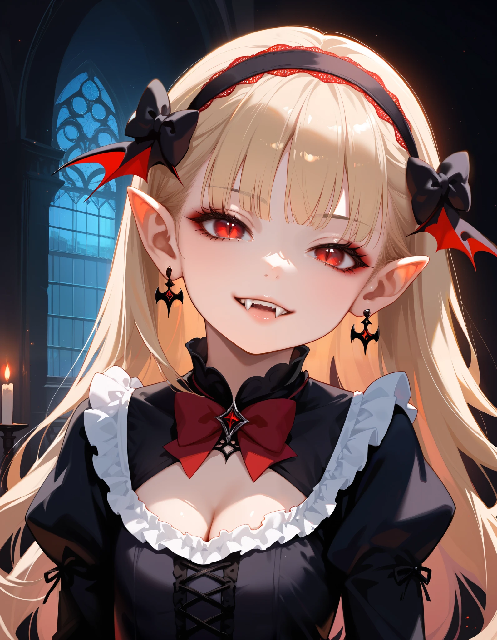 score_9, score_8_up, score_7_up, source_anime,  VaniVampy, vampy, vampire girl, 1girl, solo, very long blonde hair, bangs, red eyes, head wings, pointy ears, fangs, slit pupils,  black dress, gothic, long sleeves, frills, frilled dress, puffy long sleeves, hairband, hair bow, black earrings, cleavage cutout, black capelet, silk, fine fabric emphasis,  shaded face, smug, mesugaki, head tilt, teeth, black gloves,  gothic architecture, BREAK A young vampire girl in a gothic castle,