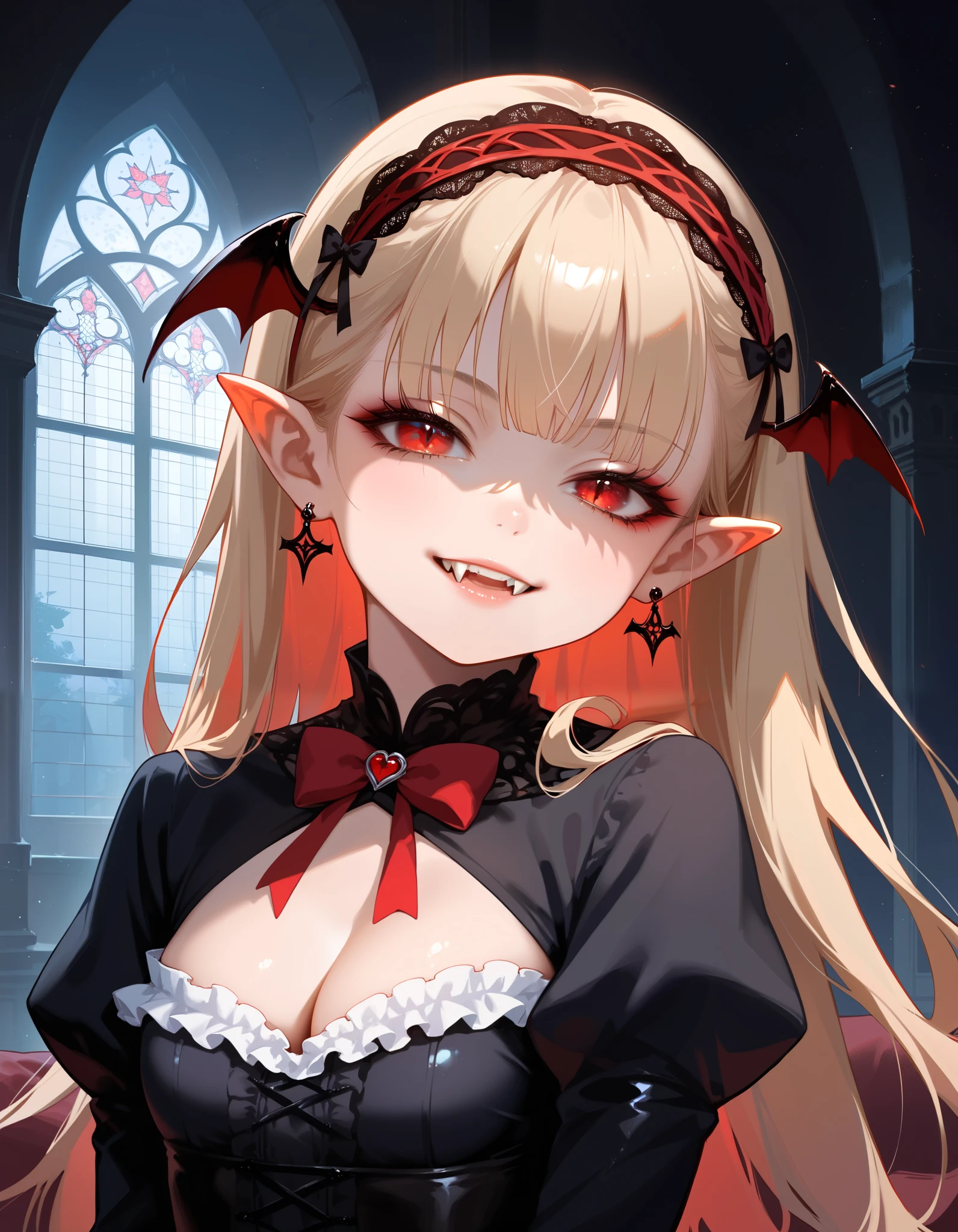 score_9, score_8_up, score_7_up, source_anime,  VaniVampy, vampy, vampire girl, 1girl, solo, very long blonde hair, bangs, red eyes, head wings, pointy ears, fangs, slit pupils,  black dress, gothic, long sleeves, frills, frilled dress, puffy long sleeves, hairband, hair bow, black earrings, cleavage cutout, black capelet, silk, fine fabric emphasis,  shaded face, smug, mesugaki, head tilt, teeth, black gloves,  gothic architecture, BREAK A young vampire girl in a gothic castle,