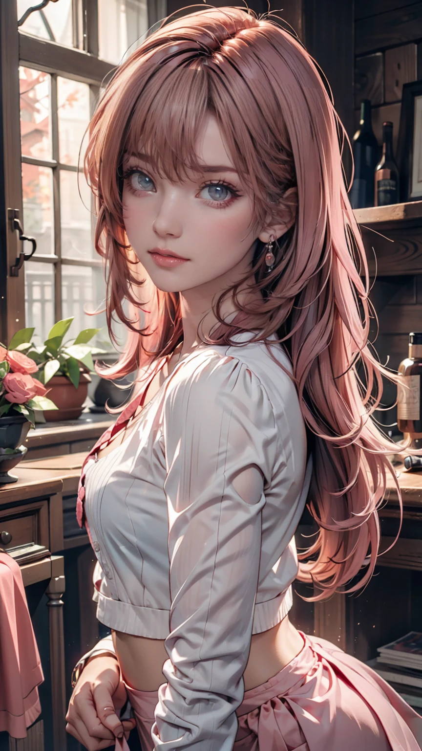 Glow Art: 1.0), (bright, sketch, drawing: 1.0), One girl, bangs, red eyes bright relucent light in hair, blush, clavicle, Hair between the eyes, Long Hair, View your viewers, good, Open your mouth, Pink Hair, Portraiture, Shiny, Shiny hair, Side Ponytail,