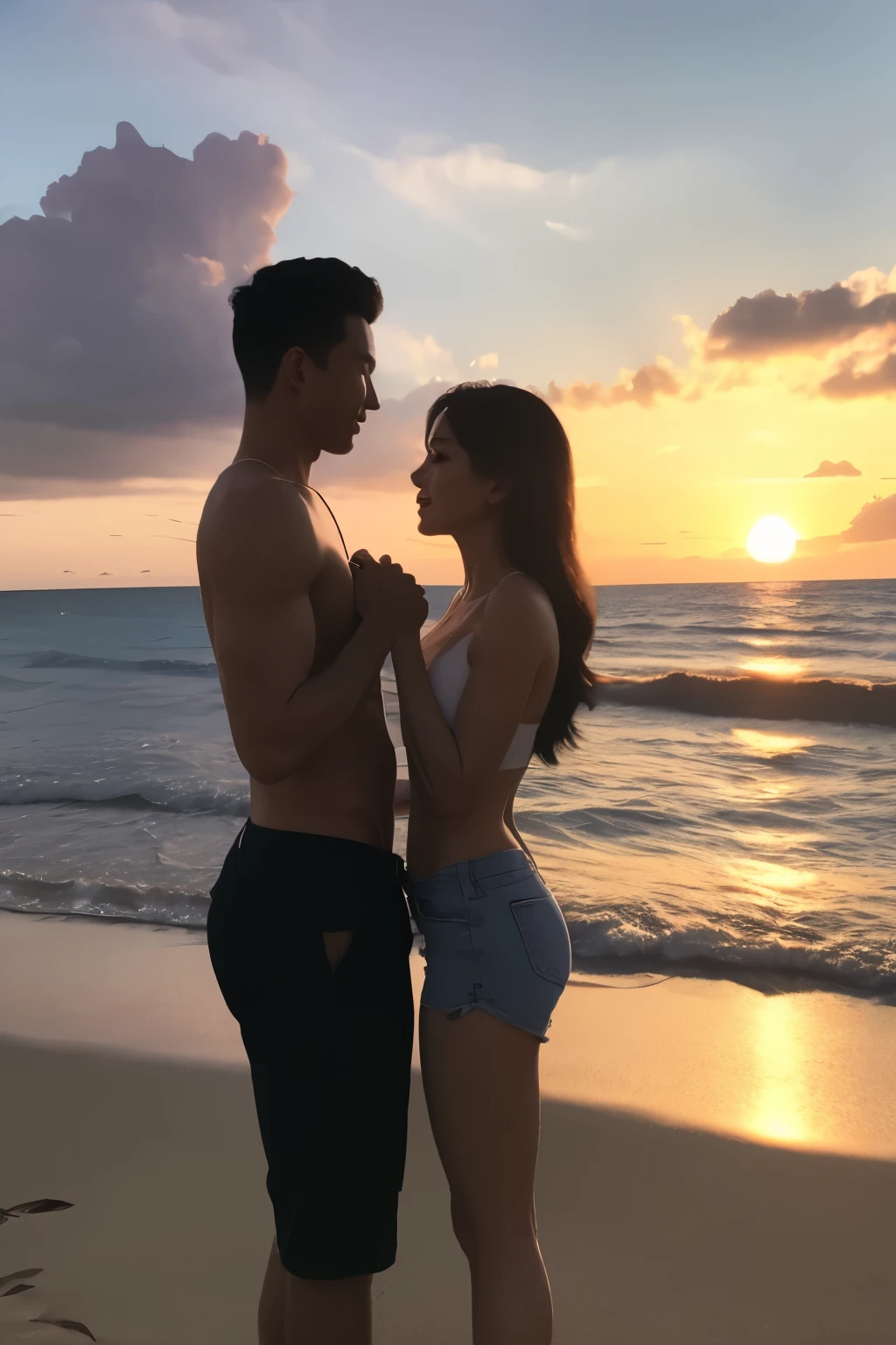 A woman and a man holding hands，Under the sunset ， Bare Shoulders ，Boys have abs