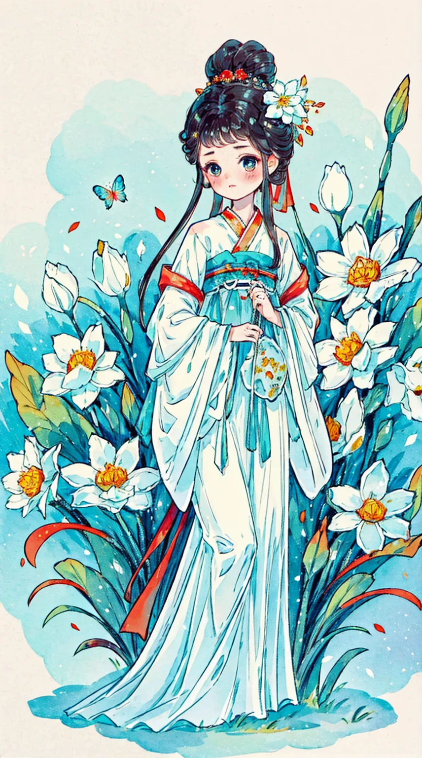 1 Sister,  alone,  looking at the audience,  blush,  Background and  ,  black hair , Hair accessories, Long sleeve, White背景, eternal,  Full body nymphomaniac , White,  flowers are blooming , Flowering, Hair Bun, Butterfly, masterpiece, Recent quality, The smallest details ,  clear facial features,  Beautiful Eyes 