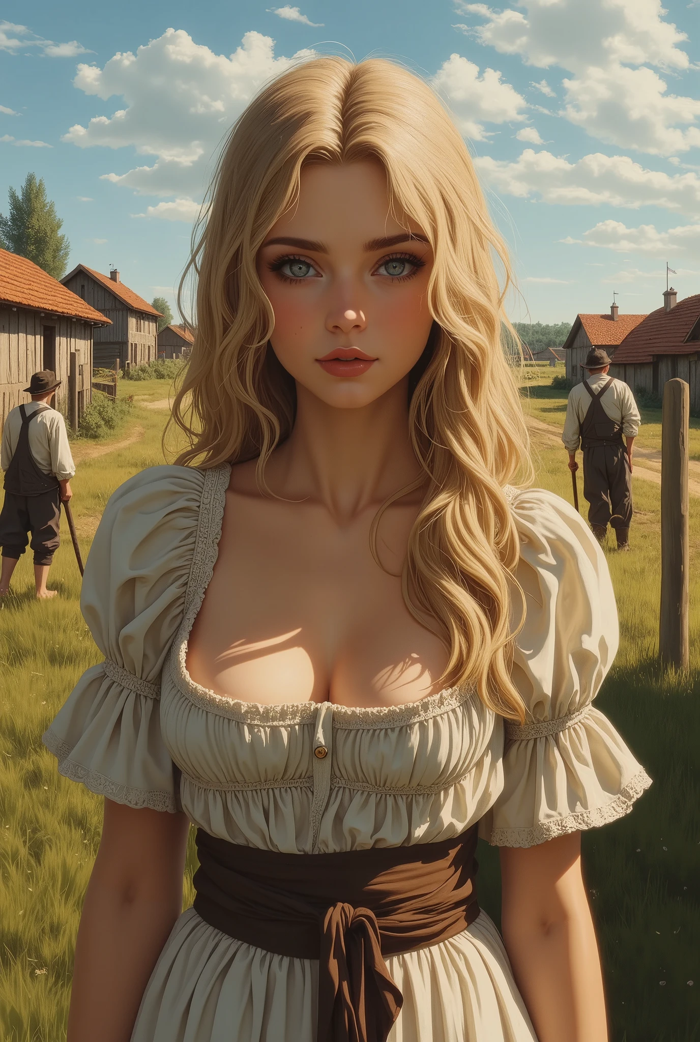 ne0nfant4sy, masterpiece,  a painting of Guinwen by Crvgg, Guinwen as a young maid, 8k, 1 girl, realistic oil painting, pretty face, Face of Guinwen, beautifully detailed eyes, muito detalhado, blond hair, blonde hair, gray eyes, visible waist, large breasts, huge breasts, full cleavage, Hairline, in the background a medieval farming village, Farmers in the background, Peasant dress, fully clothed, Mediovale, Portrait, Fields in the background, small farmhouses, full body, oil painting,  nipples showing, , american shot  looking at the viewer, seductive smile, inviting smile, 