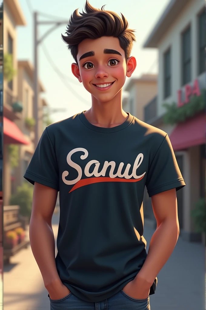 Desenho estilo 3D Pixar criar cena com menino moreno claro, cabelos cacheados longos, strong traits, estiloso, com roupas pretas, com piercing