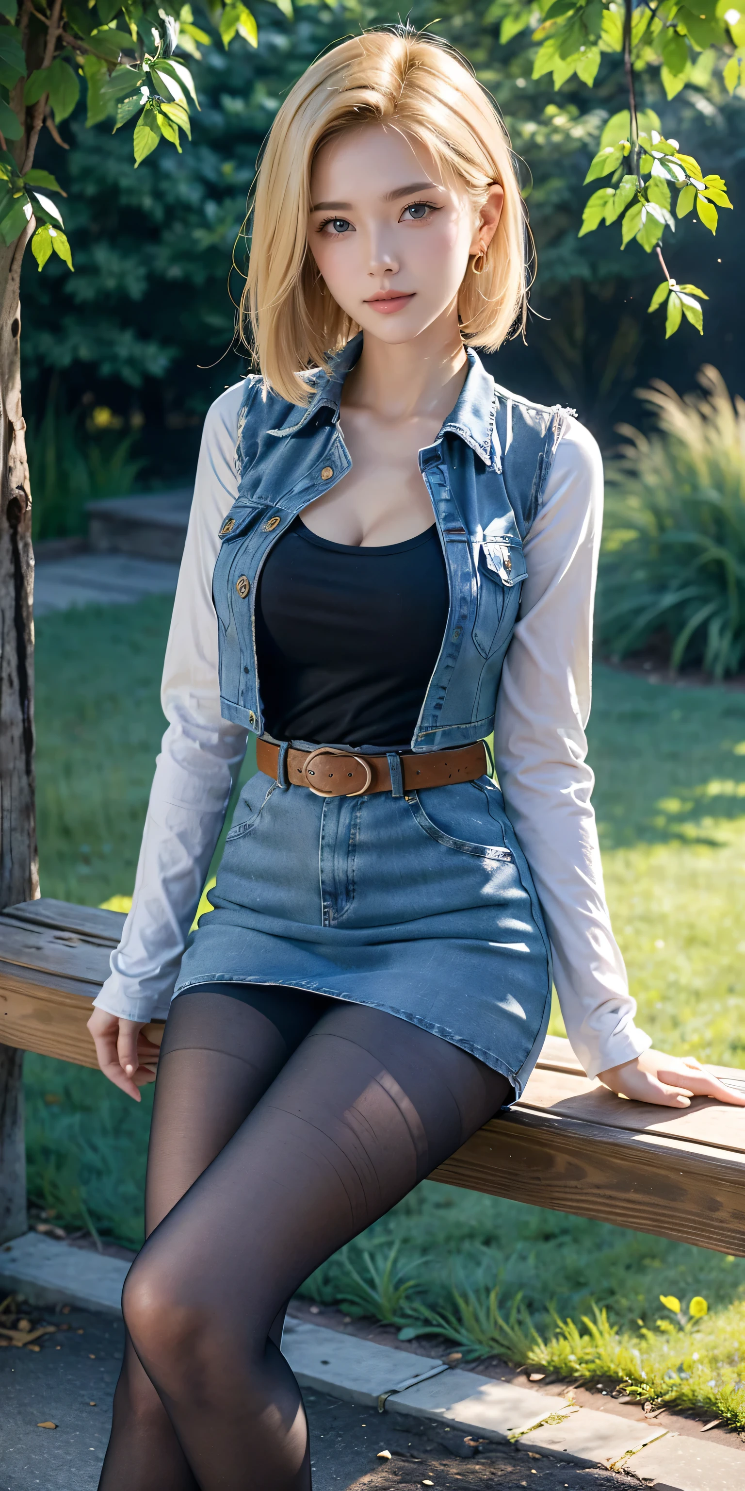 Android 18, Light Blonde hair, Medium Bob hair, Blue eyes, Wearing earrings, Long sleeves, Light blue denim mini skirt, The denim skirt on stitching clearly run vertically in a white dotted line all the way to the bottom of the denim skirt, Open-chested denim vest, Black T-shirt with high cleavage, Large breasts, Women's Western Cowgirl Belt, Dark brown see-through pantyhose, Western short boots, Looking at viewer, Slight smiling with closed lips sitting, She Sit On a bench, she spreads her legs to both sides ,Blue sky, sit on a bench, outside, park, grass, Summer, trees, blue sky, high quality, masterpiece,