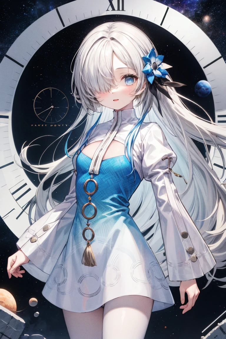 1girl,standing,white_hair,bluejoucho,hair over one eye,cowboy shot, lifted by self, space,clock,