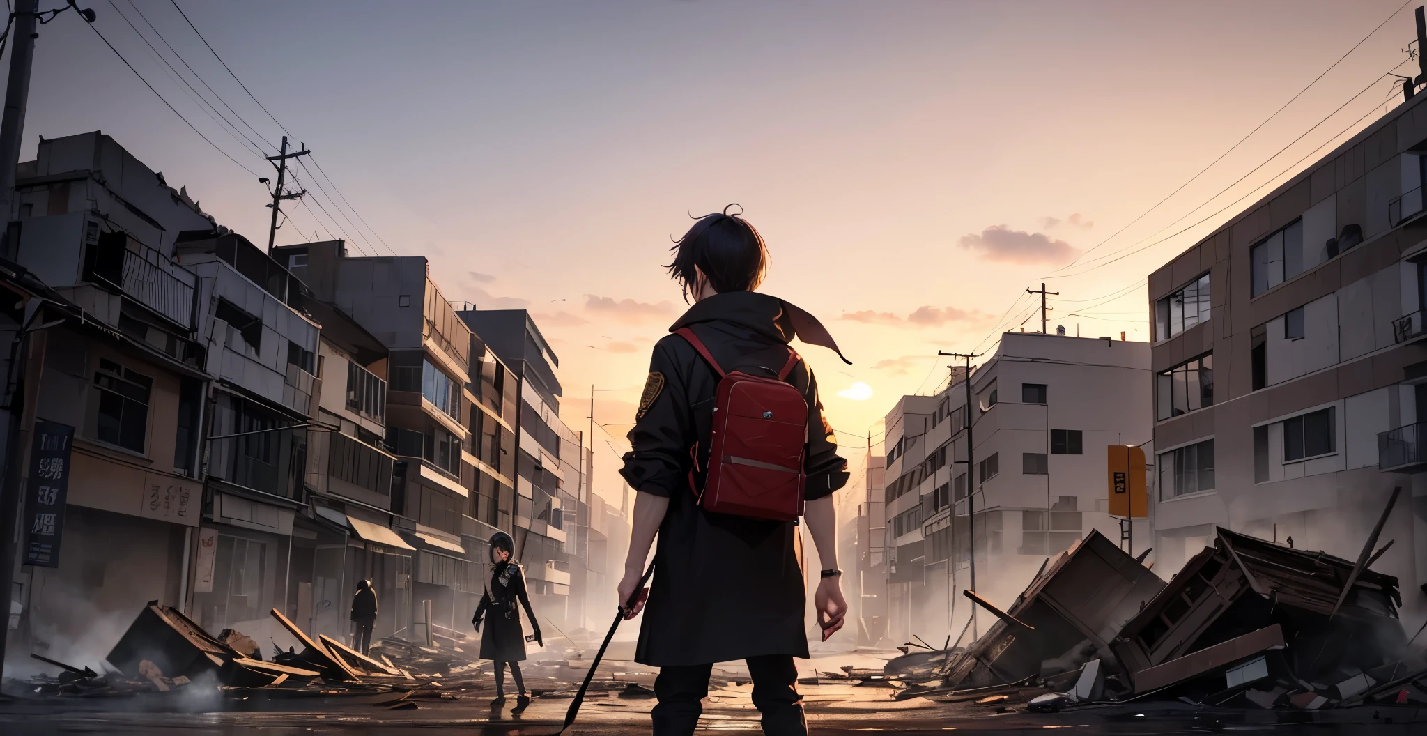 "In a highly detailed and realistic apocalyptic scene, A young man of 20 years, with an expression of astonishment and anguish, walks through a devastated park while holding a cat in his arms. The sky is full of falling cylindrical asteroids, and the environment reflects the chaos of a world in ruins. Around it, People have turned into brain-hungry zombies, highlighting their desperation and aggressiveness. The image must capture deep emotion and realism, highlighting the contrast between the young man's tranquility and the terror that surrounds him."
Please make the zombies appear behind the boy chasing him.