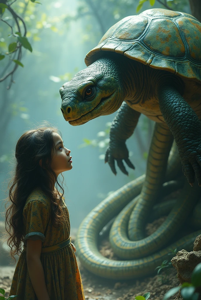 Fairytale Kingdom of Fantasia. ((((10-year-old)) Atreyu)), olive-green skin, athletic, brave, wise, in the Sadness Swamp, foggy, talking to a ((((giant turtle-like head)))) coming out of a cave. ((((suede indigenous clothings)))), ((bluish-black hairstyle))