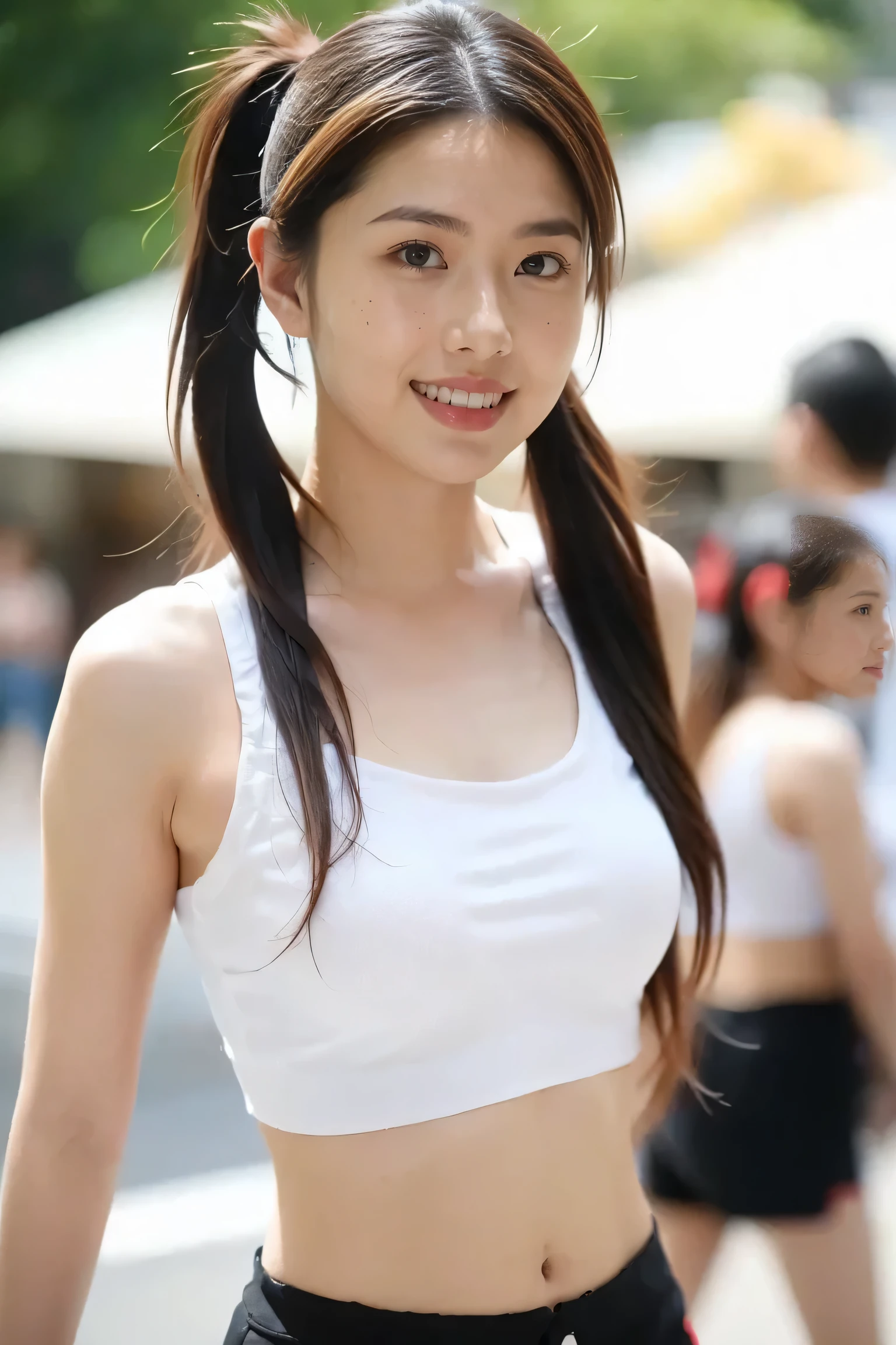 ((Best Quality、8k resolution、masterpiece、Portraiture)), photorealistic, 35mm Film,1girl,3d,asian,bare shoulders,blur censor,blurry,blurry background,blurry foreground,bokeh,breasts,brown eyes,brown hair,chromatic aberration,cosplay photo,crop top,depth of field,focused,hair ornament,letterboxed,lips,long hair,looking at viewer,medium breasts,midriff,motion blur,navel,nose,one eye closed,photo \(medium\),photo background,photorealistic,ponytail,shorts,sleeveless,small breasts,smile,solo,stadium,teeth,twintails