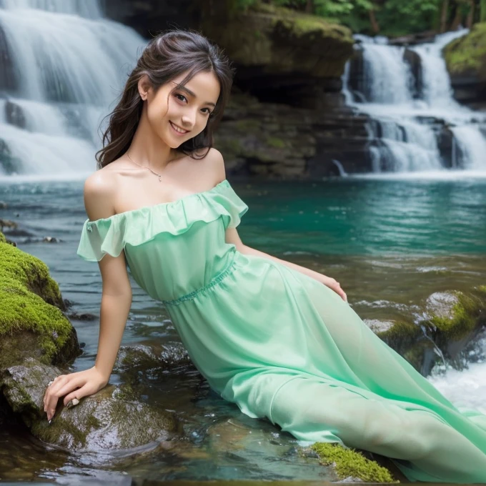 (highest quality、table top、8K、best image quality、Award-winning work)、1 young girl、(cute shirt dress:1.1)、(Soft feminine hairstyle:1.1)、accurate anatomy、emphasize body line、(Beautiful river in a mysterious forest:1.1)、girl in the river in the forest、Craggy rock walls、beautiful big waterfall、The most realistic and impressive waterfall、Majestic nature、beautiful clear river、fog、beautiful sunlight filtering through the foliage、sparkling leaves、summer scenery、(blurred background:1.1)、(very bright and vivid:1.1)、(Very bright and shiny beautiful skin:1.2)、glamorous body、very big breasts、emphasize body line、(the best smile looking at me:1.1)、epic movie lighting、natural makeup、Achieve a perfect face with ultra-high resolution、Super high resolution perfect teeth、ultra high definition hair、Super high-definition sparkling eyes、(Super high resolution glowing skin:1.1)、Super high resolution glossy lips、(accurate anatomy:1.1)、(Beautiful skin that shines brightly:1.1)