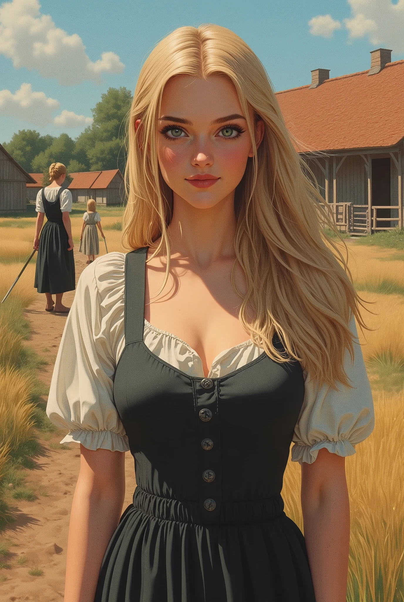 ne0nfant4sy, masterpiece,  a painting of Guinwen by Crvgg, Guinwen as a young maid, 8k, 1 girl, realistic oil painting, pretty face, Face of Guinwen, beautifully detailed eyes, muito detalhado, blond hair, blonde hair, gray eyes, visible waist, large breasts, huge breasts, full cleavage, Hairline, in the background a medieval farming village, Farmers in the background, Peasant dress, fully clothed, Mediovale, Portrait, Fields in the background, small farmhouses, full body, oil painting,  nipples showing, , american shot  looking at the viewer, seductive smile, inviting smile, 