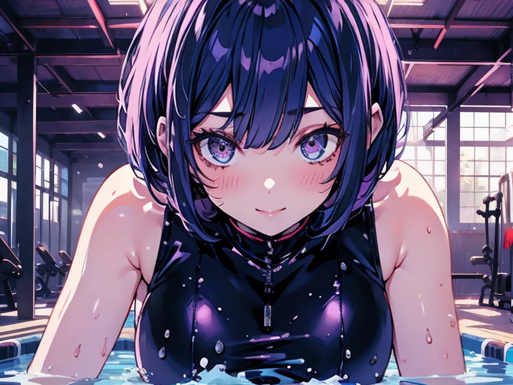 Super detailed,(masterpiece)、(Best Quality)、 1.   preserves a highly detailed face ,  bob cut from the front,    blue hair ,   big breasts at the temple,Narrow eyes,   purple  ,Large indoor pool in the morning,8k,    young woman  ,one-piece gym wear,