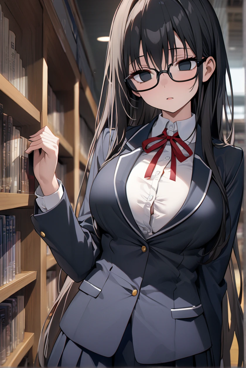 （masterpiece, Best Quality:1.2)、 high school girl、Black Hair、very long hair、Black Eyes、empty eyes、 slender、Glasses、黒いschool uniform, 黒のmiddle breast, blazer,  red ribbon、Estrus、Library、