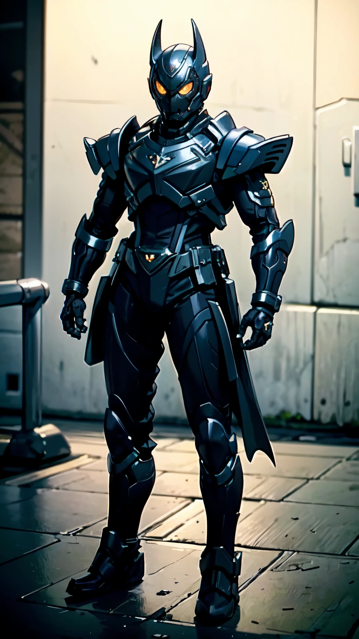 (masterpiece:1.5, best quality:1.5, extremely delicate:1.5), ((male:1.5)), a man wearing a full-face helmet, green eyes, fantasy-style high-tech biomimetic armored combat suit, (a composite layered chest armor), the design balances heavy with agility, fully enclosed shoulder guards, matching arm and leg guards, a belt of gemstone, (the color scheme is primarily Black with Blue and Red accents, Organic Biotech, Concept Inspired by Batman, glowing eyes, armor glows, stand of a futuristic sci-fi city), this character embodies a finely crafted fantasy-style armored hero in anime style, exquisite and mature art style, metallic, high definition, highres, ultra-detailed, ultra-fine painting, professional, perfect body proportions, golden ratio, anatomically correct, symmetrical face, extremely detailed eyes and face, high quality eyes, creativity, RAW photo, UHD, 32k, Natural light, cinematic lighting, masterpiece-anatomy-perfect