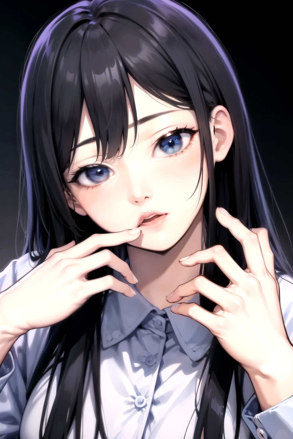 1 woman, Ahegao, Upper body, collared shirt, office,  stick out , I'm putting my hands on my face,  roll your eyes,, masterpiece,  top quality,  high quality detail 