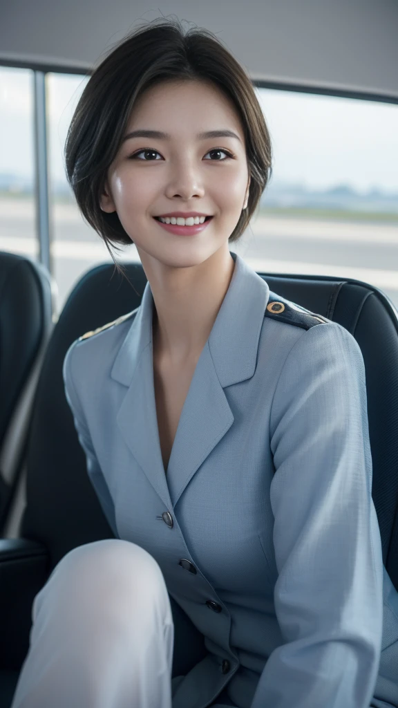 masterpiece, highest quality, born々New Photorealism, smile, Beautiful mature woman,42 years old、 sexy lady short hair, Big Breasts, Depth of written boundary, High resolution, Super detailed, Highly detailed eyes and face, Sharp pupils Sharp focus, Cinema Lighting,uniform, like Delta airline uniform, flight attendant uniform, Sexy Looks, sexy uniform, sexy flight attendant uniform, head, Detailed Background, Cabin seats, Sit in the jump seat, Looking out the window, Inside the cabin of the Bowling 787-9,