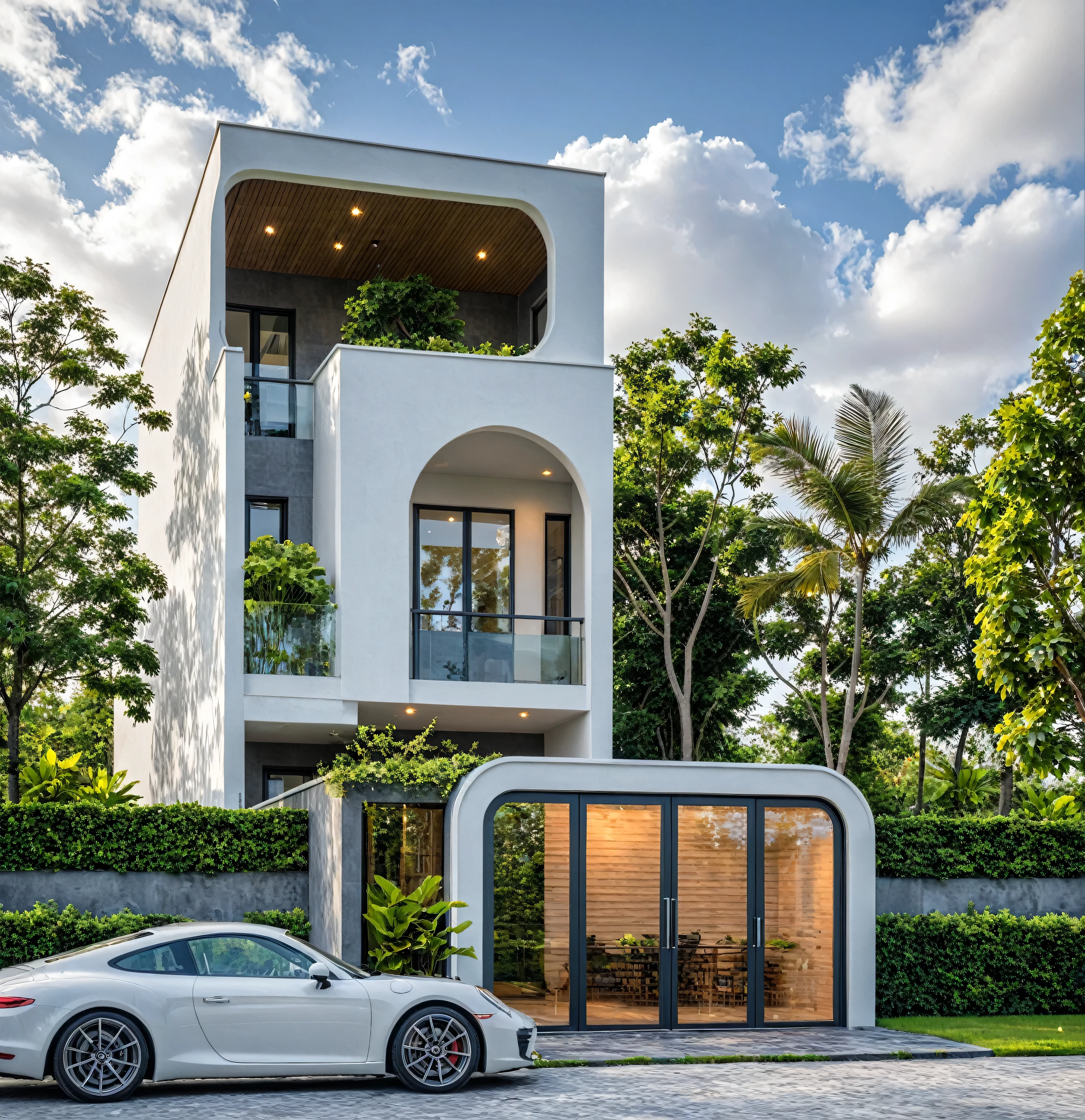 Masterpiece, high quality, best quality, authentic, super detail, outdoors, onestoreyvillaXL, aiaigroup, house style modern on the street ,stairs, white wall ,road,pavement, grass, trees, sky, cloud, (daylight:1.1)