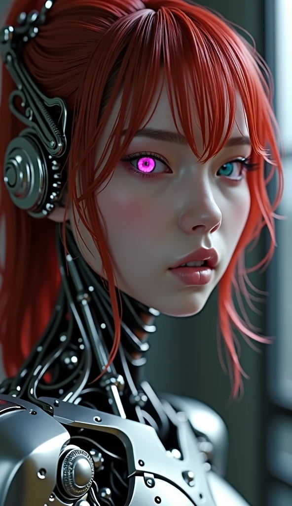 girl with long red hair, red eyes, futuristic vibes, mask on mouth, headphones, 8k, high quality, simple background, glowing eyes, nice pose