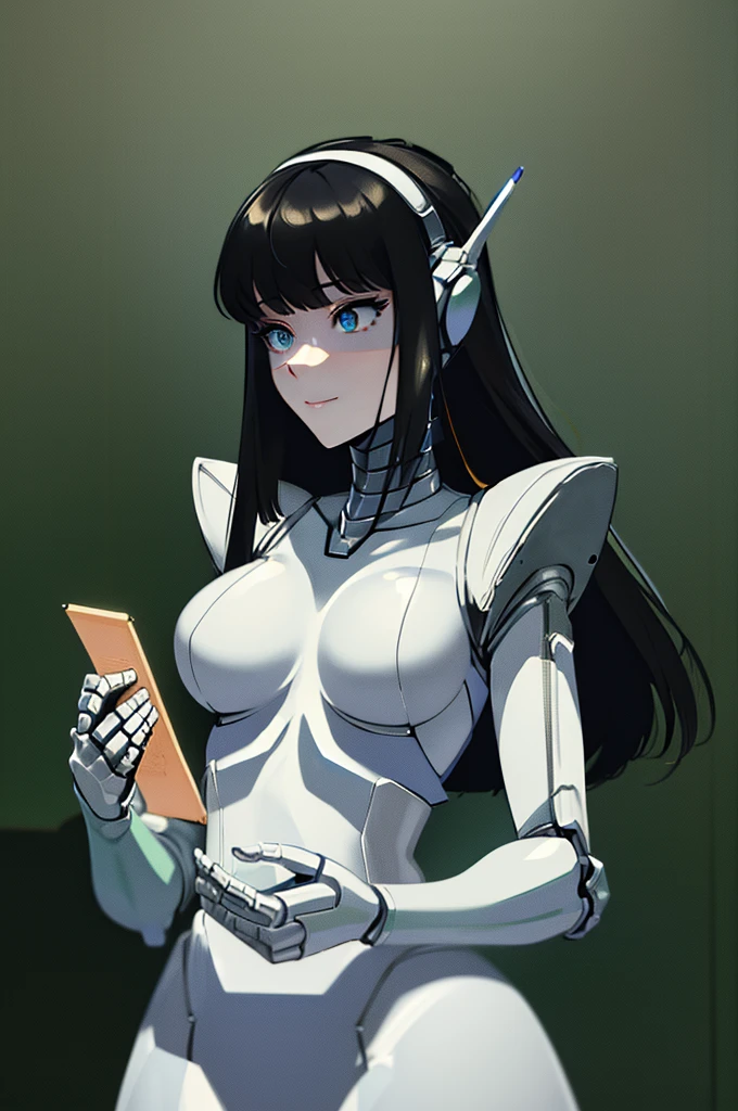 (masterpiece),(Highest quality),(Super detailed),(Best illustrations),(Best Shadow),(Absurd),(Detailed Background),(so beautiful), 16K, 8K, 4K,(Best Shadow),robotization,woman ,big bust,Robot Joint ,Metal skin,Black robot Suit,long hair,a black robot suit that covers the whole body,robot hand,cyber bodysuit,mecha head,(Detailed hands and fingers:1.2),Ball joint robot body,doll joint,beautiful face,beautiful robot girl,robotic eye,robotic hands,(no more human skin),android girl,cyborg girl,F cup, sexy body,(machine made joints:1.2),(machanical limbs:1.1),(blood vessels connected to tubes),(mechanical vertebra attaching to back),(mechanical cervial attaching to neck),no messy picture style,no emotion,tech control,black robot suit,maintenance,smile,mistyrobot