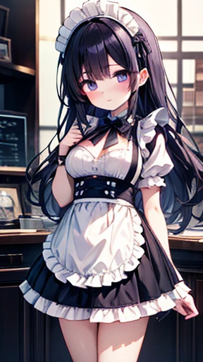 Maid girl with long purple hair . She blushes and looks at me shyly.. Accentuated breasts.  She is fluttering her rich hair while serving customers.  Ruffled Maid Outfit.  she serves the royal family.  Hi-Res.   standing in the studio. Anime Style., big chest、 long black hair 、