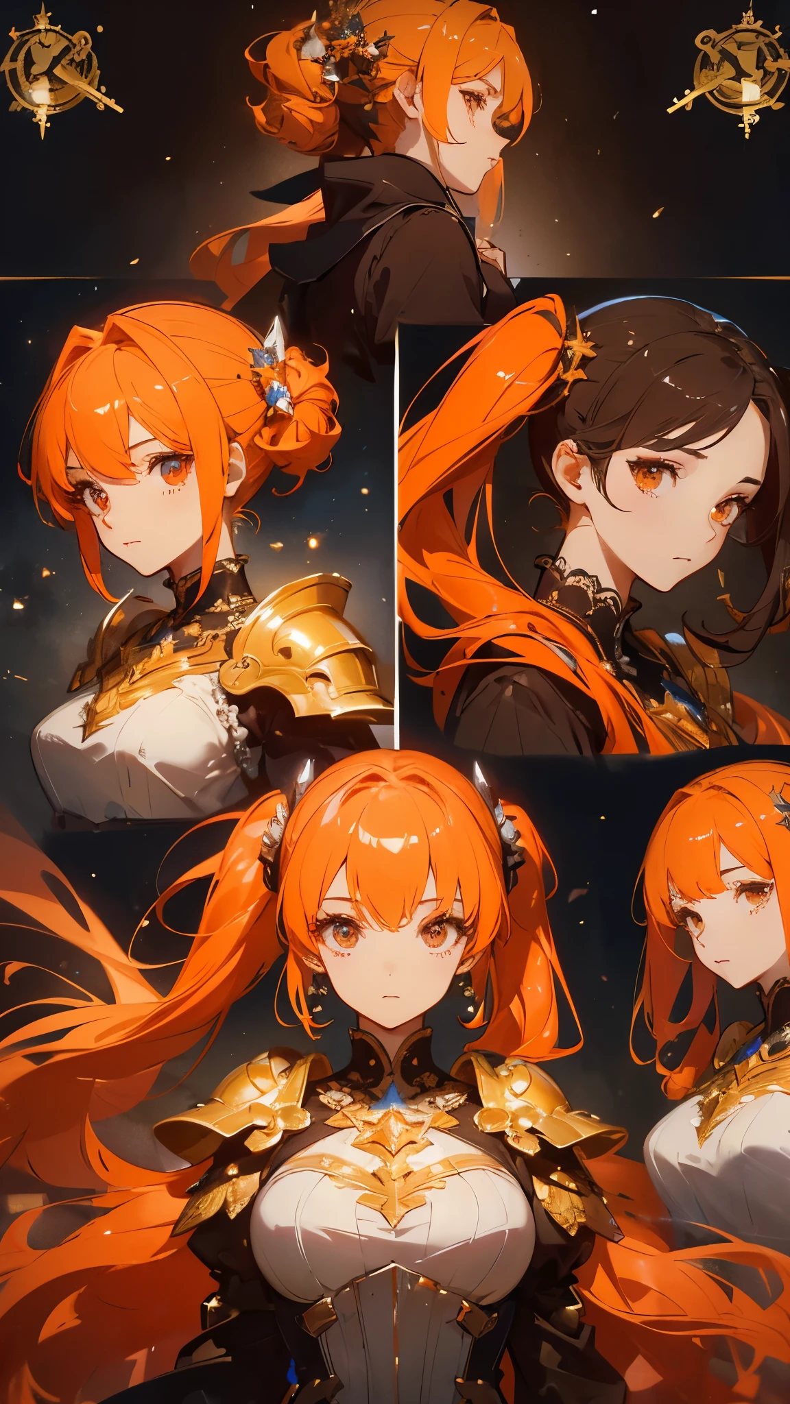 ((masterpiece,  highest quality )),  detailed facial ,  character design sheet ， whole body, Full of details, Multiple poses and expressions,  Very detailed, depth, Many parts， Beautiful Paladin， Holding a shield ，Twin ponytails，Fantasy style，Orange Caramel ，Extremely beautiful，Lace，Lace连裤袜，Starlight Decoration