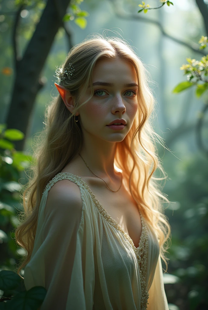 analog film photo, photo of a young elf girl, 18 years-old, elf, elf ears, long pointy ears, messy hair, sun-kissed complexion, goosebumps, pretty, natural beauty, tall, full hourglass figure, wearing a cotton bralette, posing in a misty forest, resembles Blake Lively, RAW Photograph, dslr, soft lighting, high quality, film grain, Fujifilm XT3, detailed skin with visible pores, insane details, masterpiece, 8k, 35mm photograph, dslr, kodachrome, faded film, desaturated, grainy, vintage, Lomography, stained, highly detailed, found footage, close-up shot, elven ears