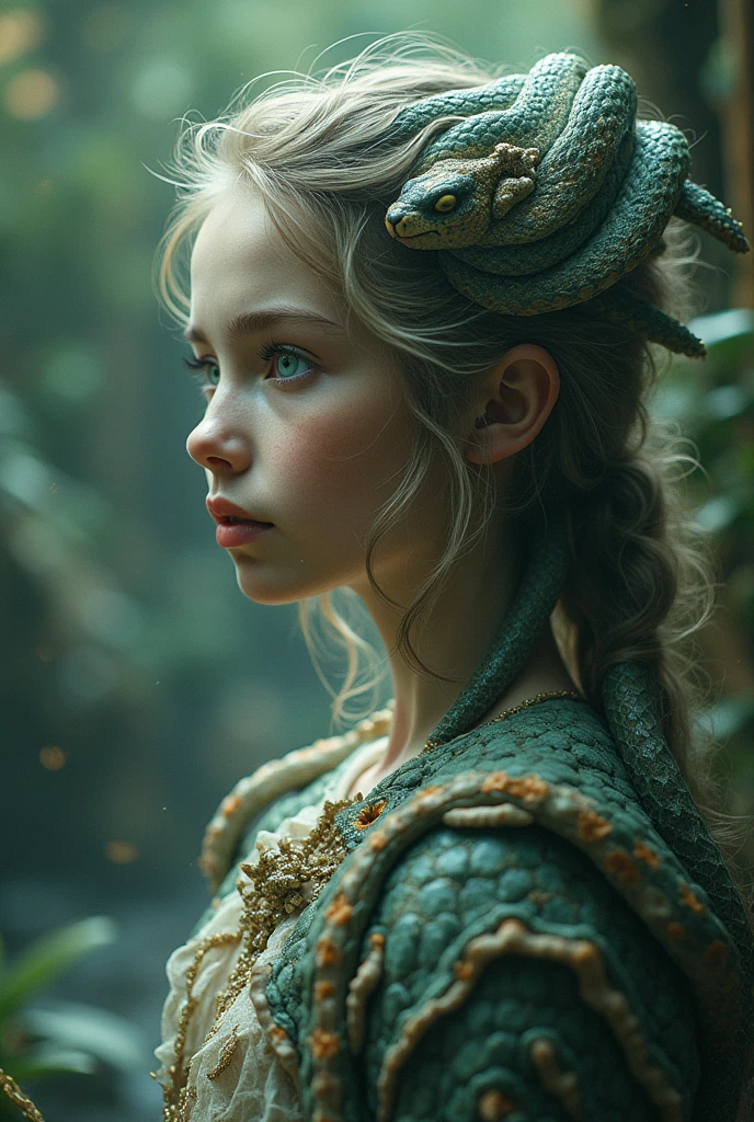 a young girl, daughter of severus snape, with a giant snake as her pet, detailed intricate portrait, hyper realistic, cinematic lighting, highly detailed, 8k, photorealistic, masterpiece, dramatic atmosphere, magical fantasy, moody lighting, dark and brooding, gloomy, gothic, chiaroscuro, dramatic shadows, cinematic camera angle, natural skin tones, mesmerizing eyes, elegant hairstyles, ornate jewelry, intricate details, dramatic pose, dramatic expression