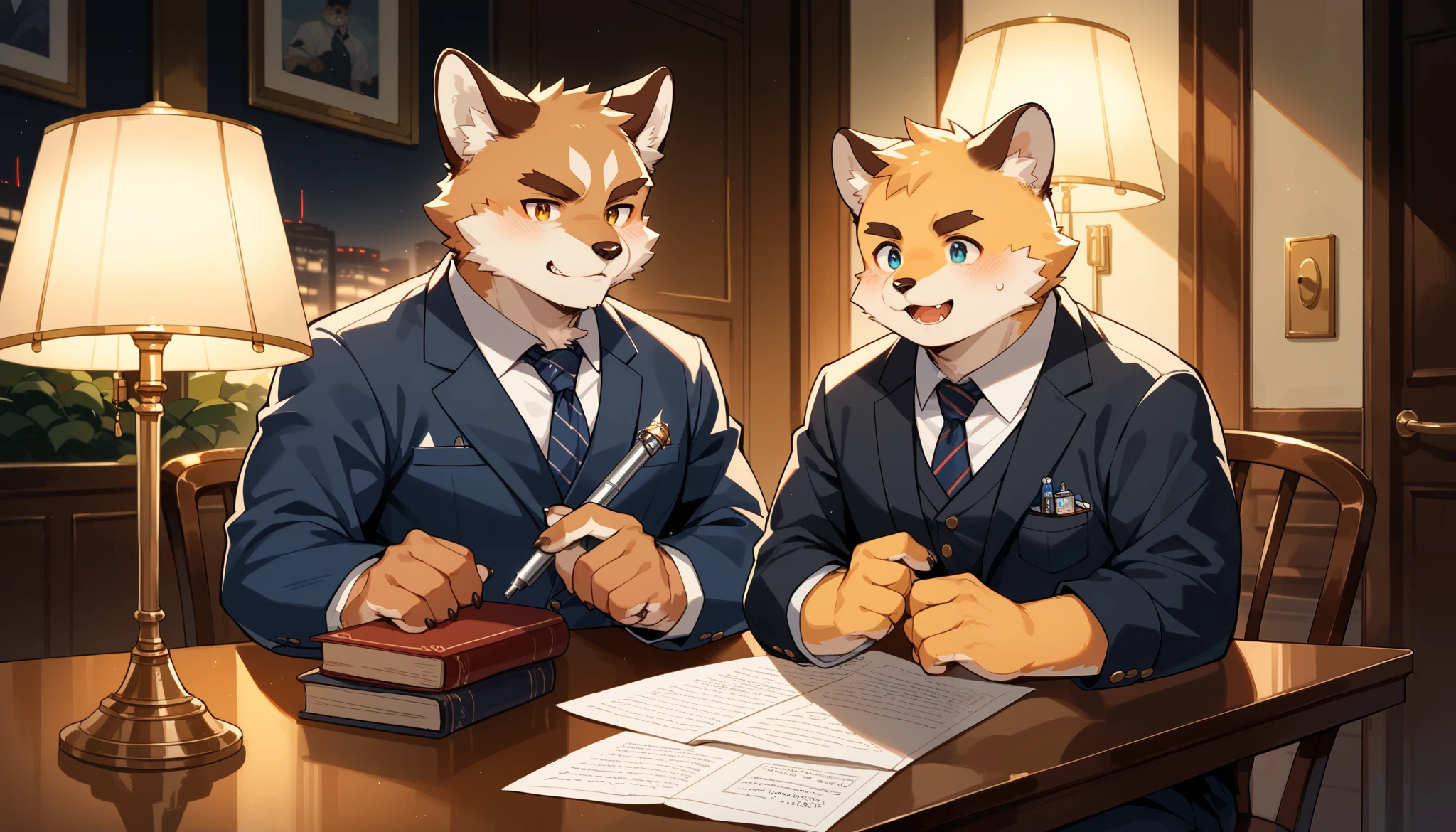 Uploaded on E621, by Garmash,Ruanjia, Shuni, Dark Gem, anthro, Masculine, (((Fluffy details))), Realistic drawing details, (Biceps), (((shaded))) Extreme Detail, Sergal, education, , class room,