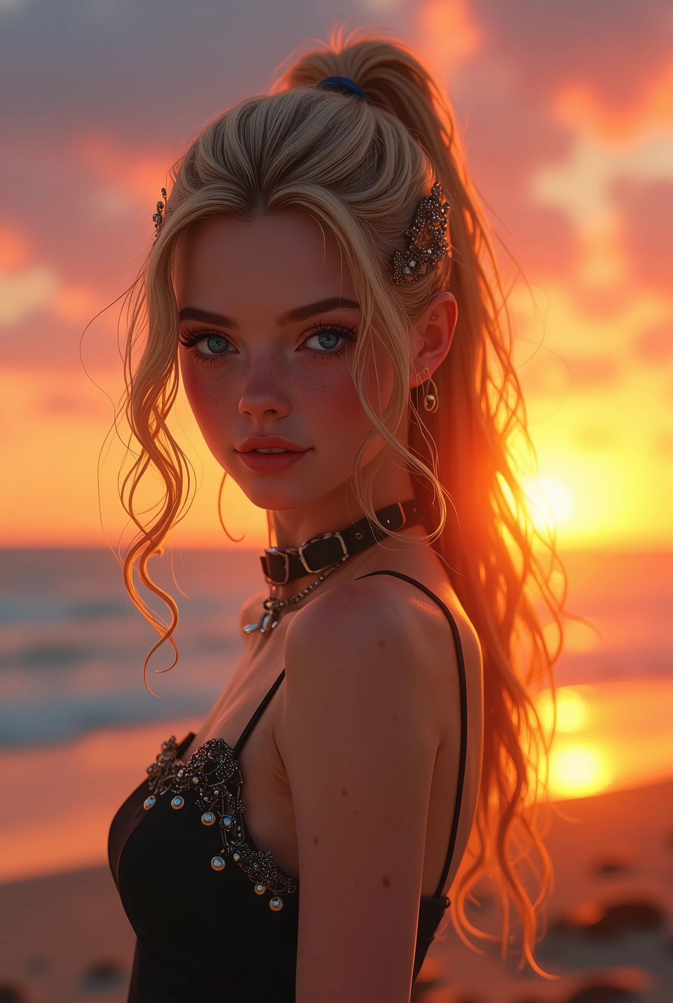 ne0nfant4sy, Best Quality, Ultra High Definition, (Photorealistic:1.4),Sunset Light, Ponytail, australian Women, Detailed Photo, alluring Smiling, Sexy, Freckles, Facing Camera,  (Masterpiece: 1.3), (8K, Photorealistic, Best Quality: 1.4), (1girl), Beautiful Face, (Realistic Face), (Blonde Hair, wavy Hair: 1.3), Beautiful Hairstyle, Realistic eyes, beautiful detail eyes, beautiful skin, absurd, attractive, ultra high resolution, ultra realistic, high definition, golden ratio, (small breasts: 1.2), (posing with group), (steampunk dress and accessories), oil painting, american shot  looking at the viewer, seductive smile, inviting smile, 