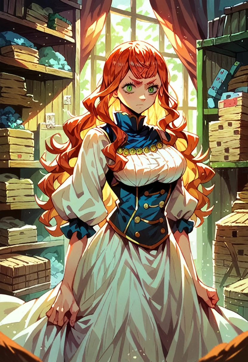 masterpiece,  Best Quality,  Very detailed ,  maximum resolution, Realistic textures,  Anime Style, background, Storage room, From the Black Clover series, Charlotte Roselei, Long hair,  light yellow,  Redhead, Green eyes, Eyes of different colors,  Large breasts , 