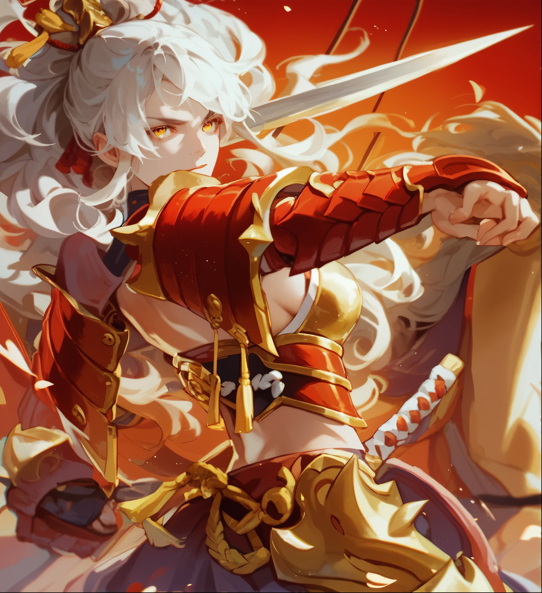 Long white hair, golden eyes, red Sengoku warlord's armor background is white
